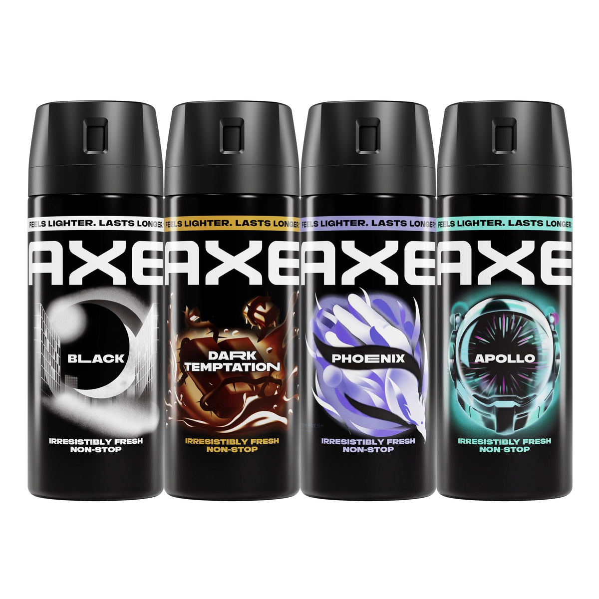 Pack de 4 sprays corporels AXE comprenant Apollo, Phoenix, Black et Dark Temptation
