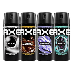 Pack de 4 sprays corporels AXE comprenant Apollo, Phoenix, Black et Dark Temptation