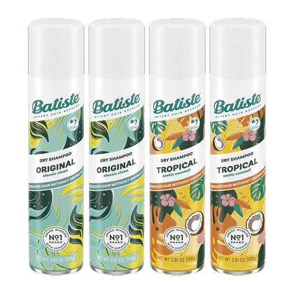 Pack de 4 sprays de shampooing sec Batiste, parfums Original et Tropical