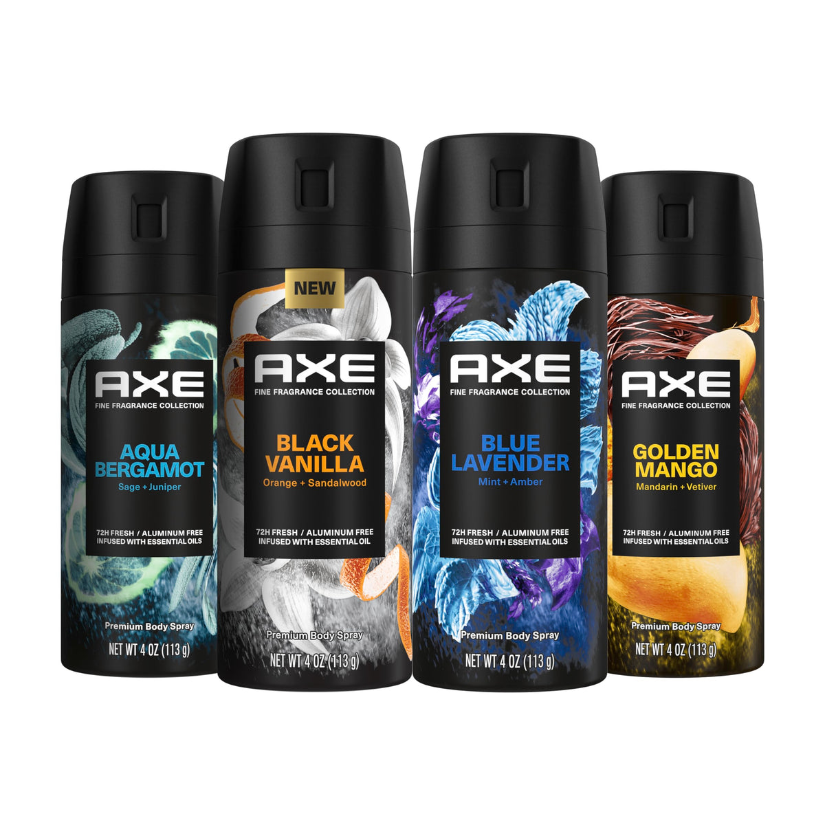 Pack de 4 sprays déodorants AXE avec Blue Lavender, Aqua Bergamot, Golden Mango et Black Vanilla
