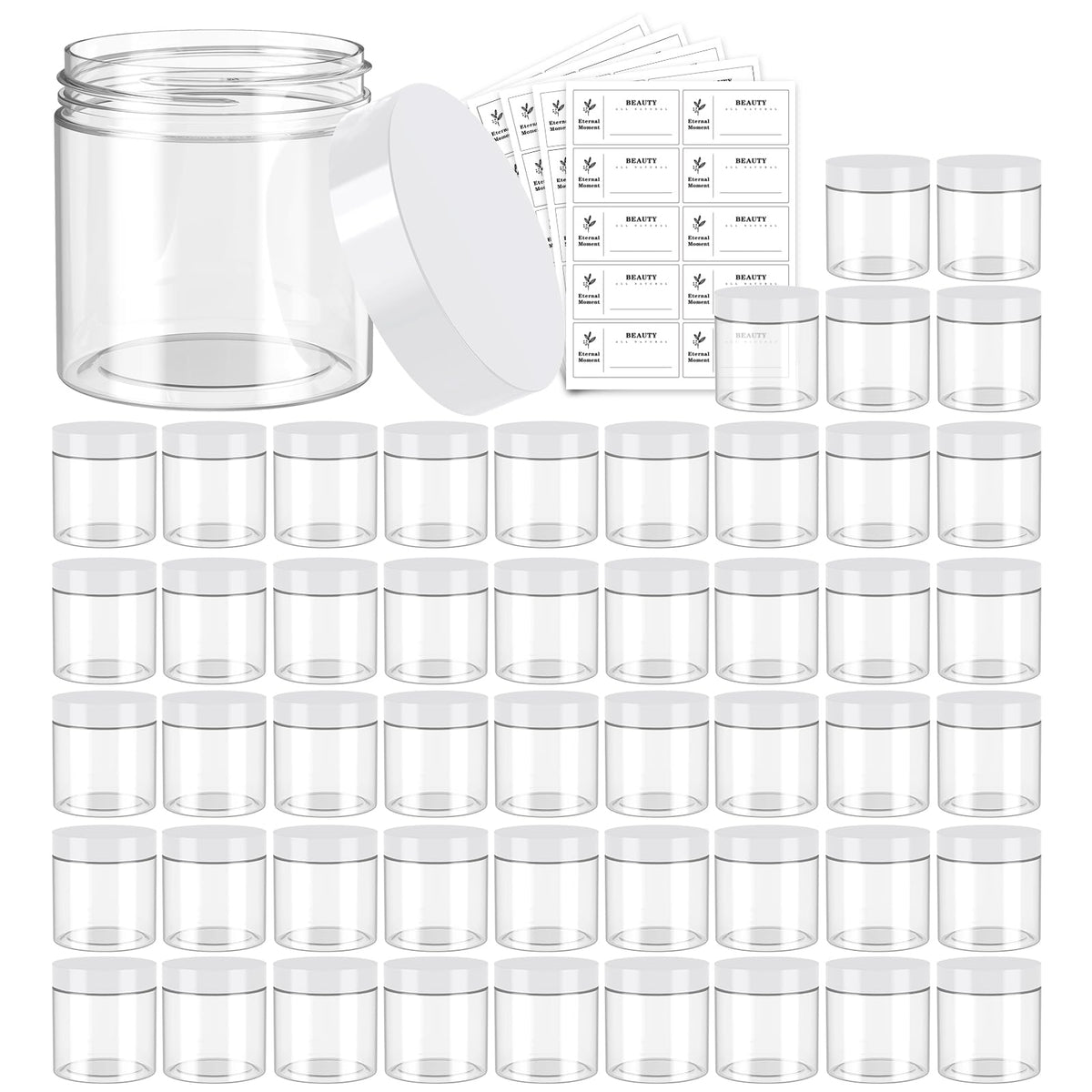 Pack de 50 pots plastiques 4 oz transparents avec couvercles blancs