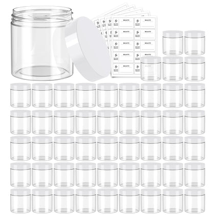 Pack de 50 pots plastiques 4 oz transparents avec couvercles blancs