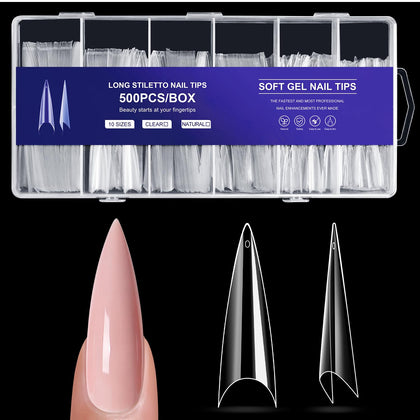 Pack de 500 conseils d'ongles stiletto krofaue dans une boîte transparente