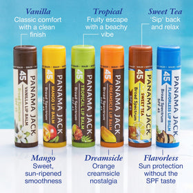 Pack de 6 baumes à lèvres Panama Jack SPF 45 sur table