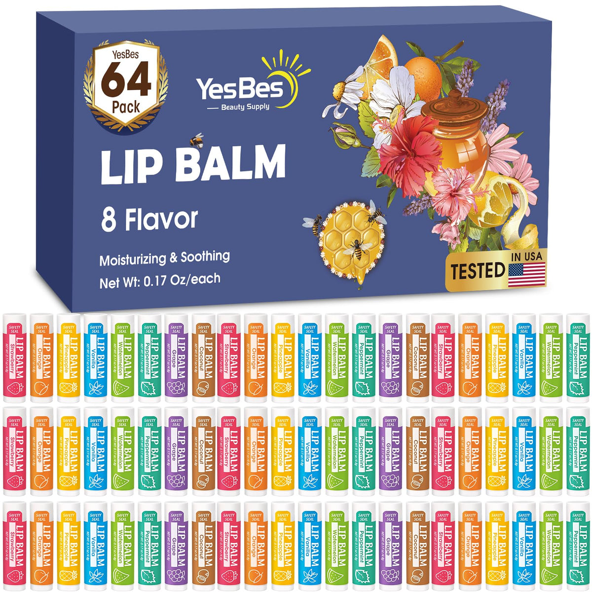 Pack de 64 baumes à lèvres YesBes avec 8 saveurs différentes