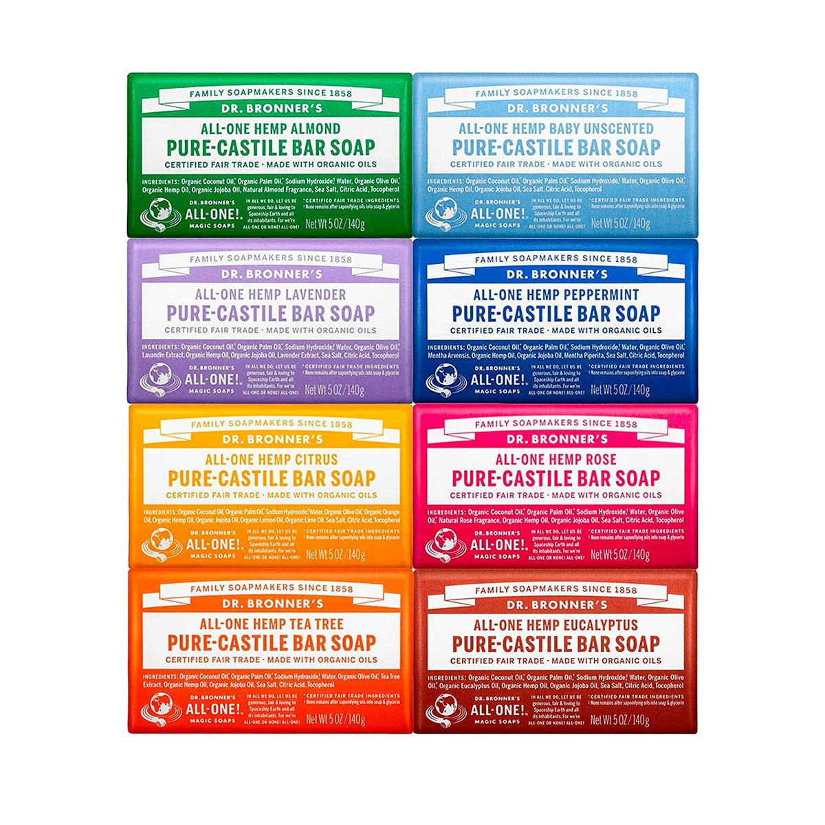 Pack de 8 savons barres Pure-Castile Dr. Bronner's avec différentes variétés