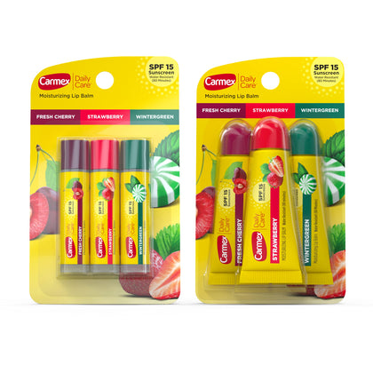 Pack de baumes à lèvres Carmex avec trois tubes et trois sticks en saveurs Cerise, Fraise et Wintergreen