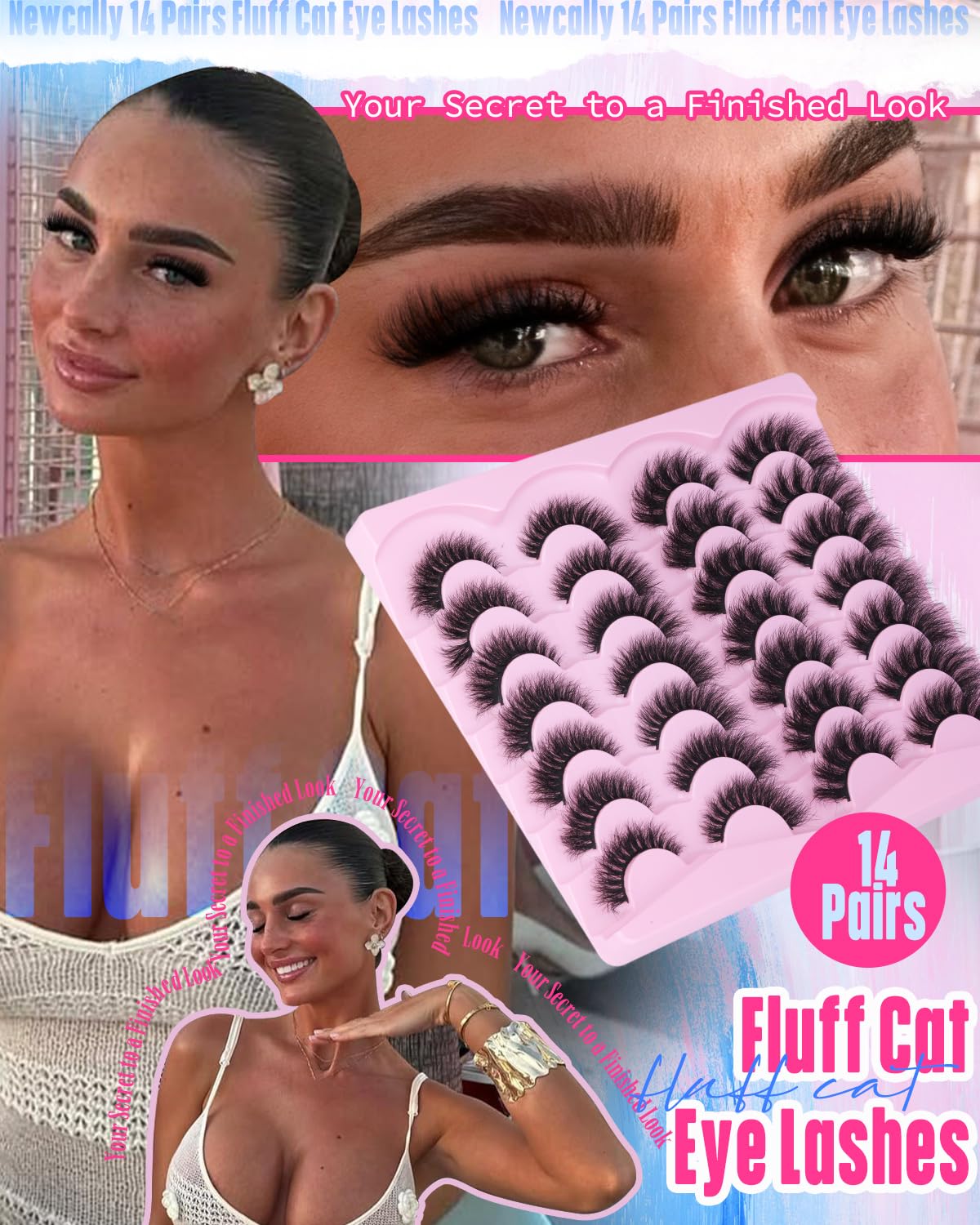 Pack de faux cils Newcally ouvert avec les 14 paires visibles