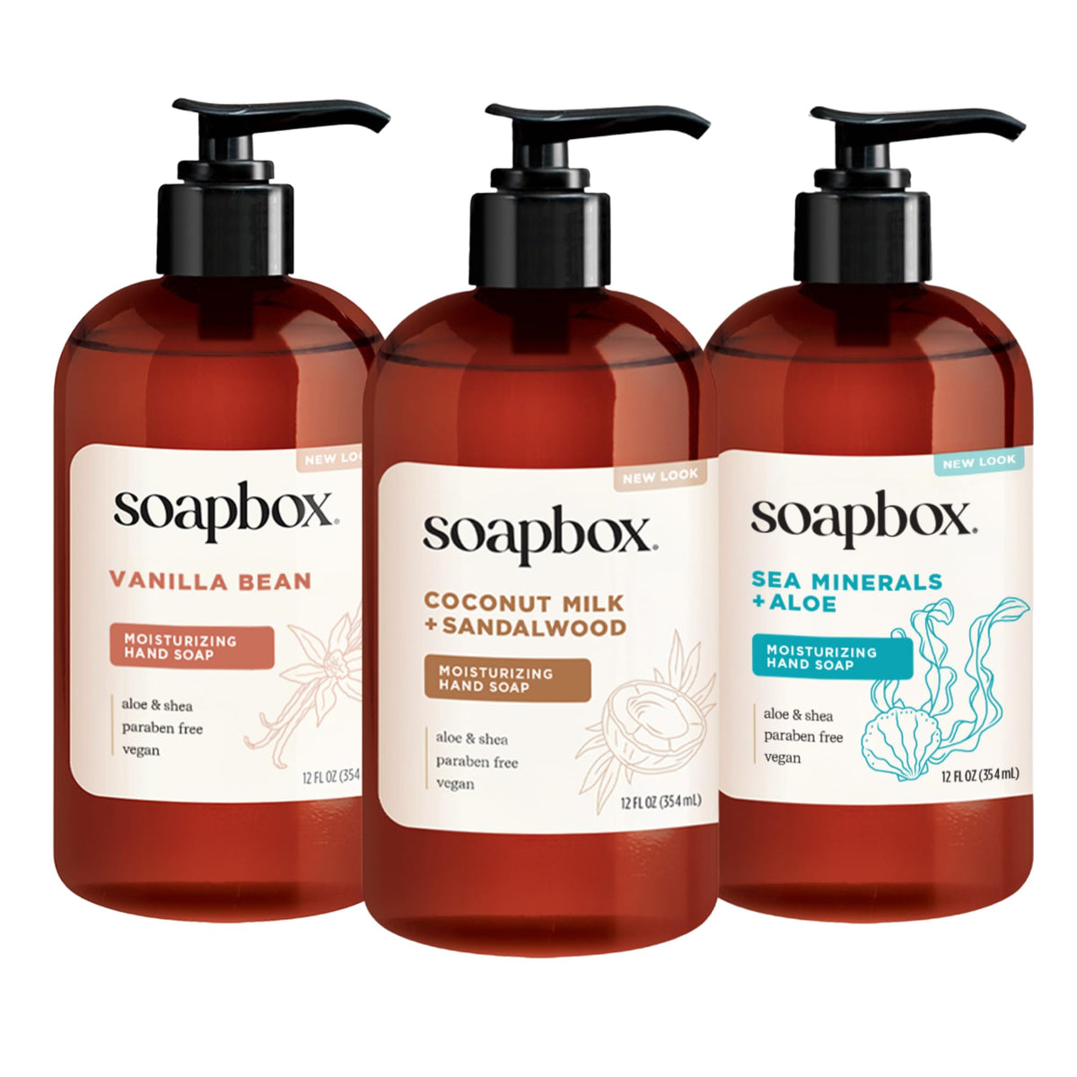 Pack de savon liquide Soapbox avec trois parfums différents