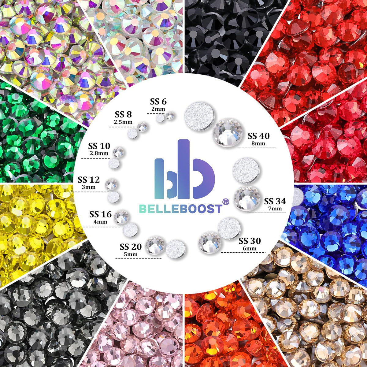 Pack de strass en verre émeraude avec dimensions