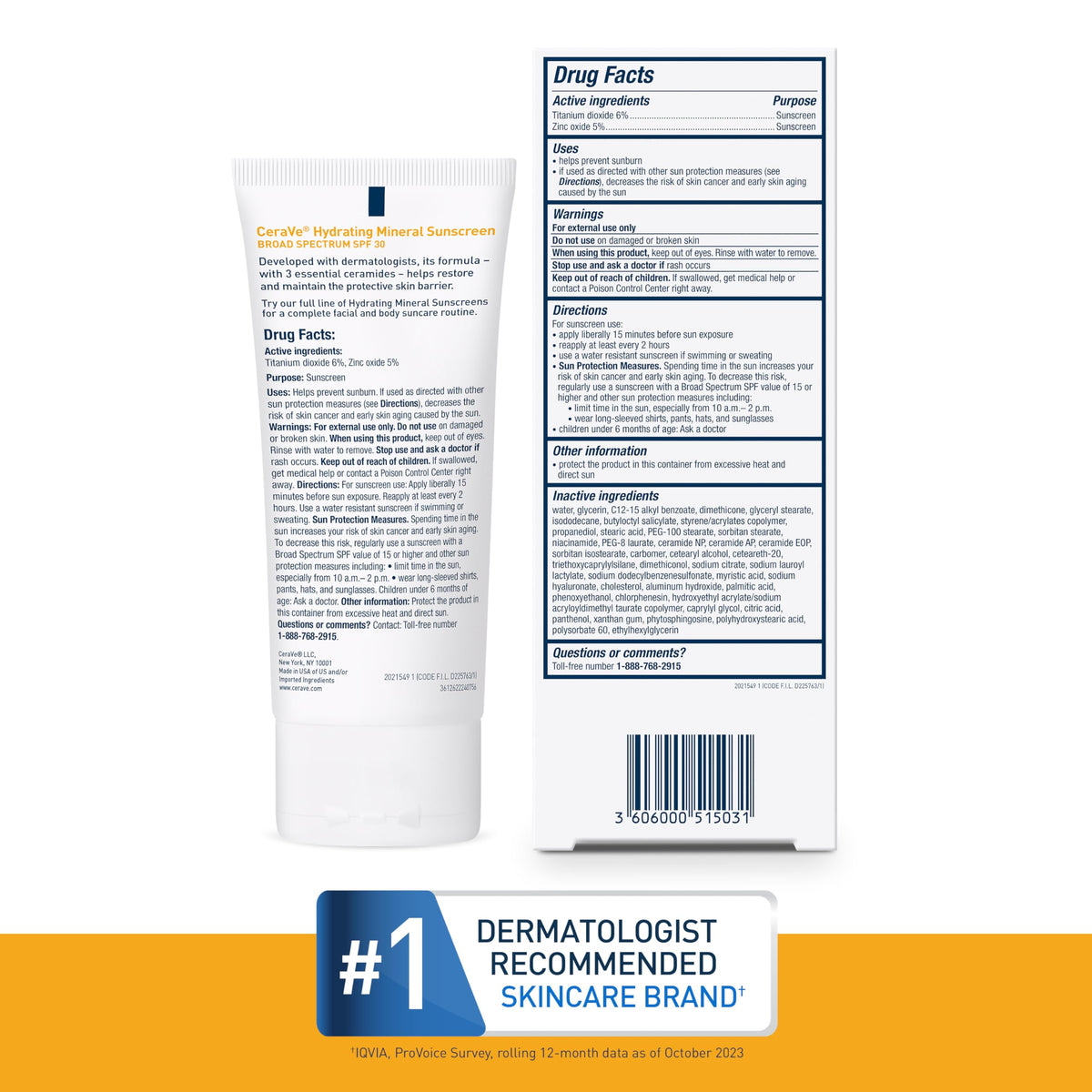 Packaging de CeraVe Crème Solaire Minérale SPF 30 sur fond blanc