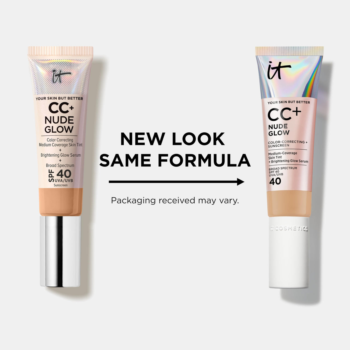 Packaging de IT Cosmetics CC+ Crème Nude Glow avec arrière-plan