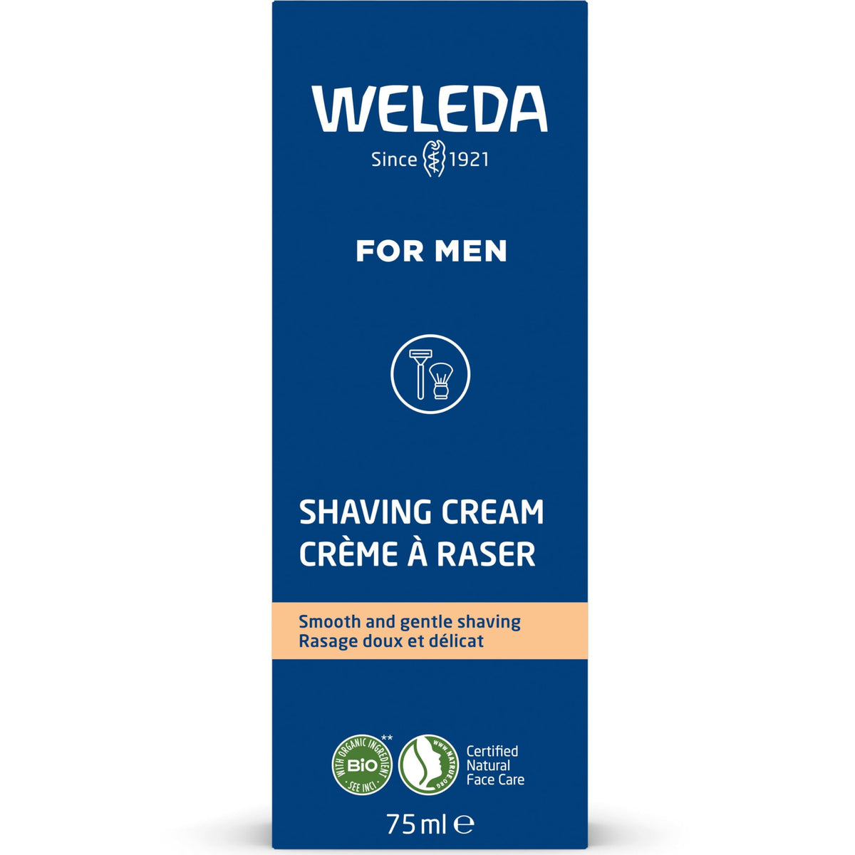 Packaging de la crème à raser Weleda 100g sur un fond neutre
