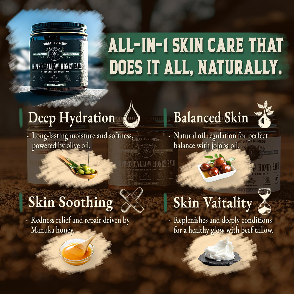 Packaging du baume de tallow bio sur un fond en bois