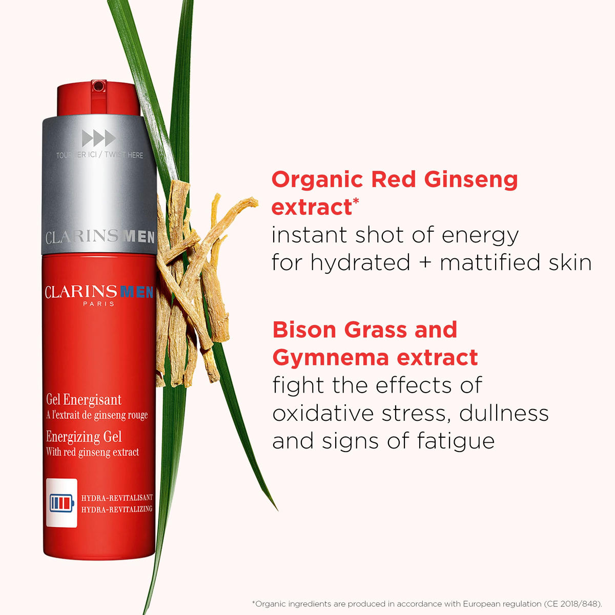 Packaging du Gel Énergisant CLARINS sur fond neutre