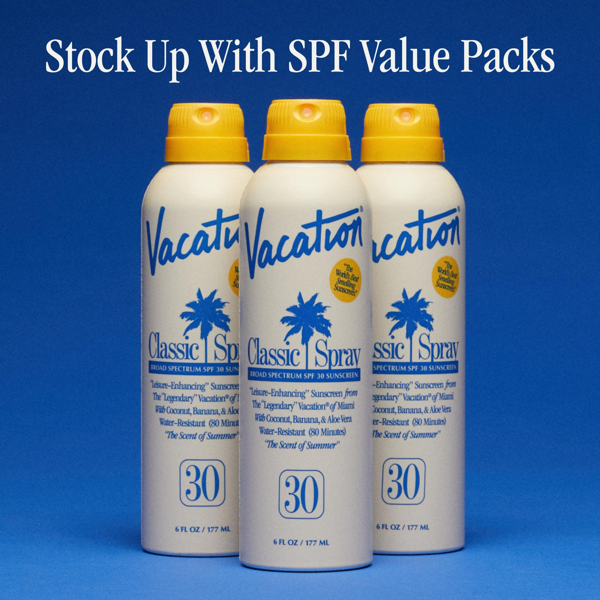 Packaging du spray solaire VACATION avec décor de plage