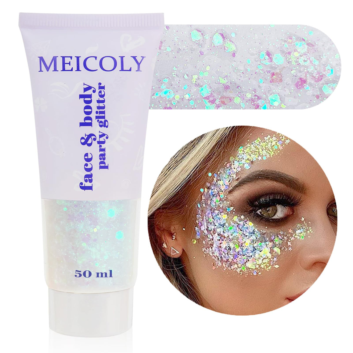 Paillettes corporelles MEICOLY 50g, vue avant avec paillettes brillantes