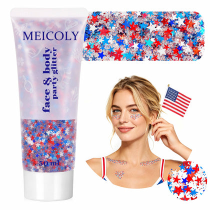 Paillettes corps étoiles rouges, blanches et bleues MEICOLY en boîte