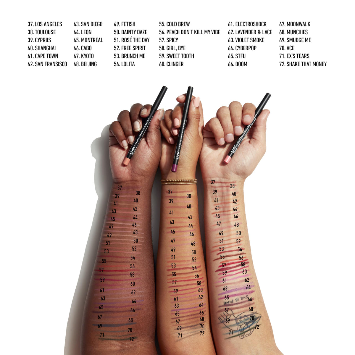 Palette de couleurs des crayons à lèvres NYX Suede Matte