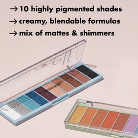 Palette de Fards à Paupières e.l.f. Perfect 10 avec un pinceau de maquillage à côté