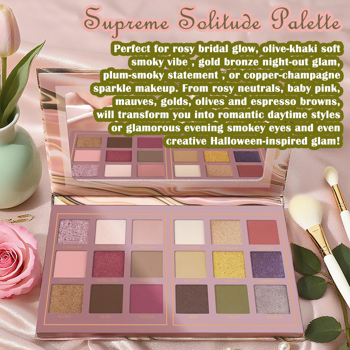 Palette de fards à paupières UCANBE sur une table de maquillage