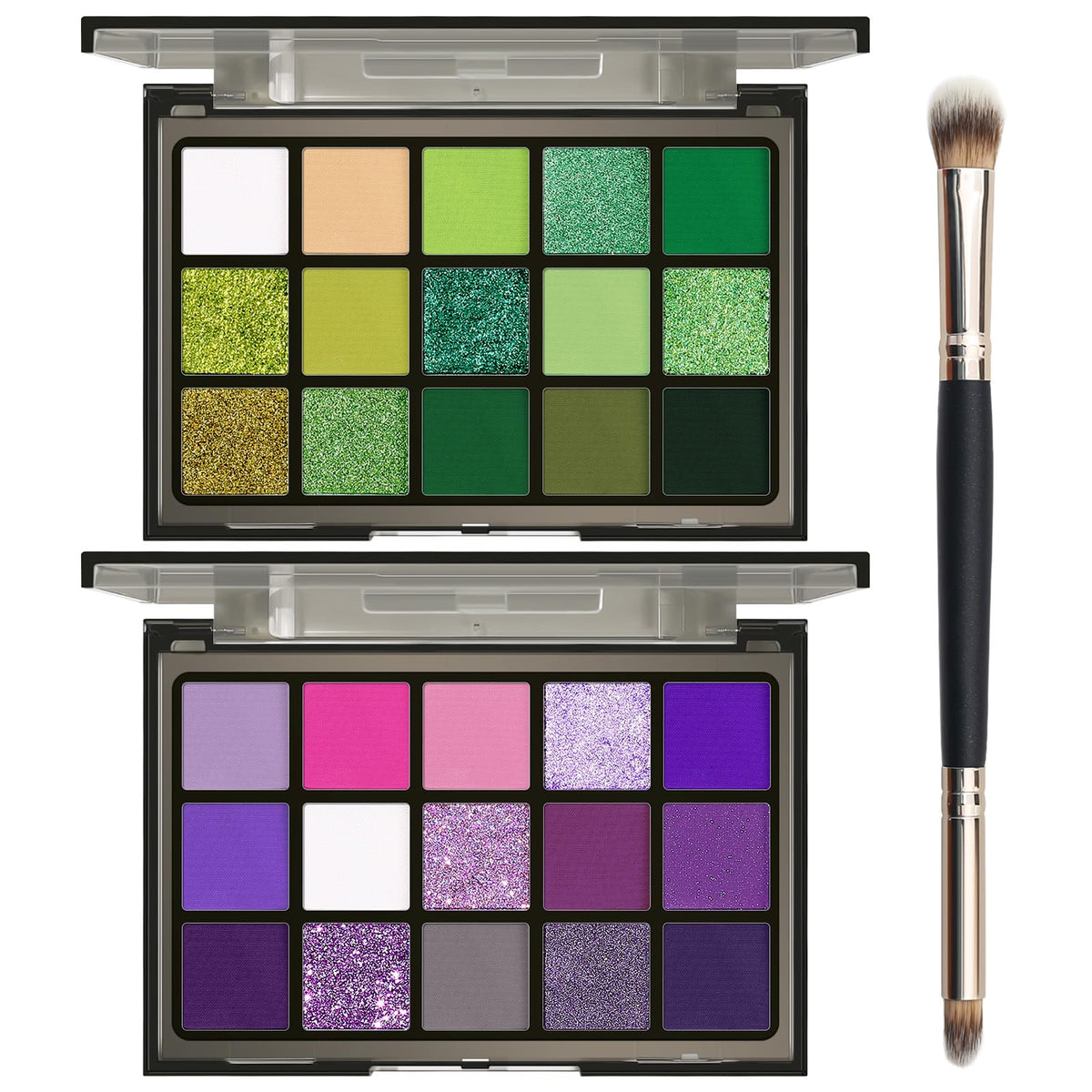 Palette de fards à paupières UCANBE vue de face avec teintes vertes et violettes
