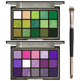 Palette de fards à paupières UCANBE vue de face avec teintes vertes et violettes