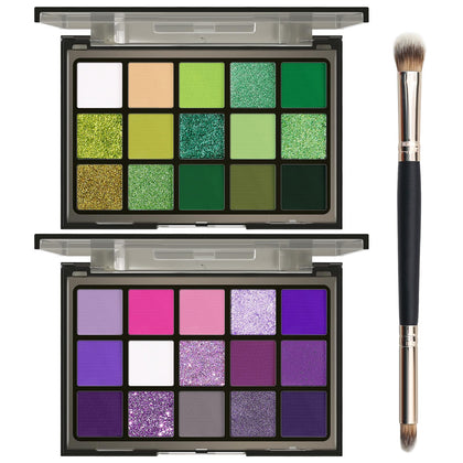 Palette de fards à paupières UCANBE vue de face avec teintes vertes et violettes