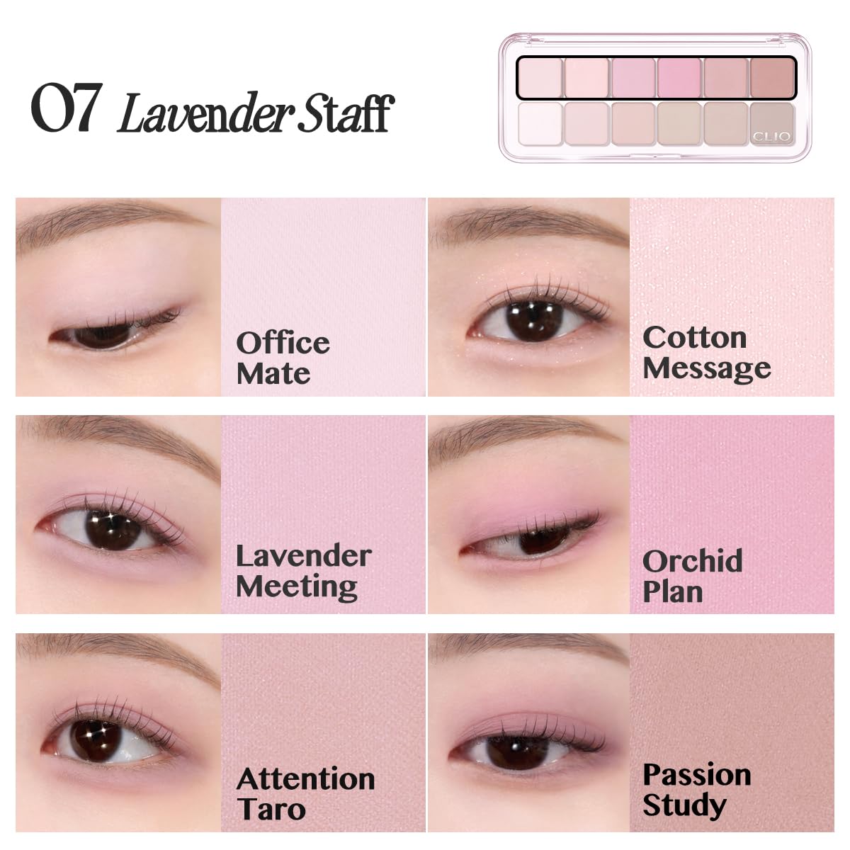 Palette de fards CLIO avec un maquillage naturel appliqué