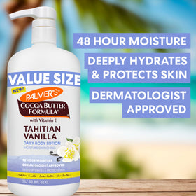 Palmer's Lotion Corps Vanille Tahitienne avec ingrédients naturels en arrière-plan