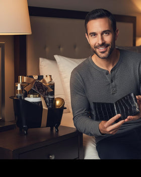 Panier de baignoire contenant des produits de soin pour hommes