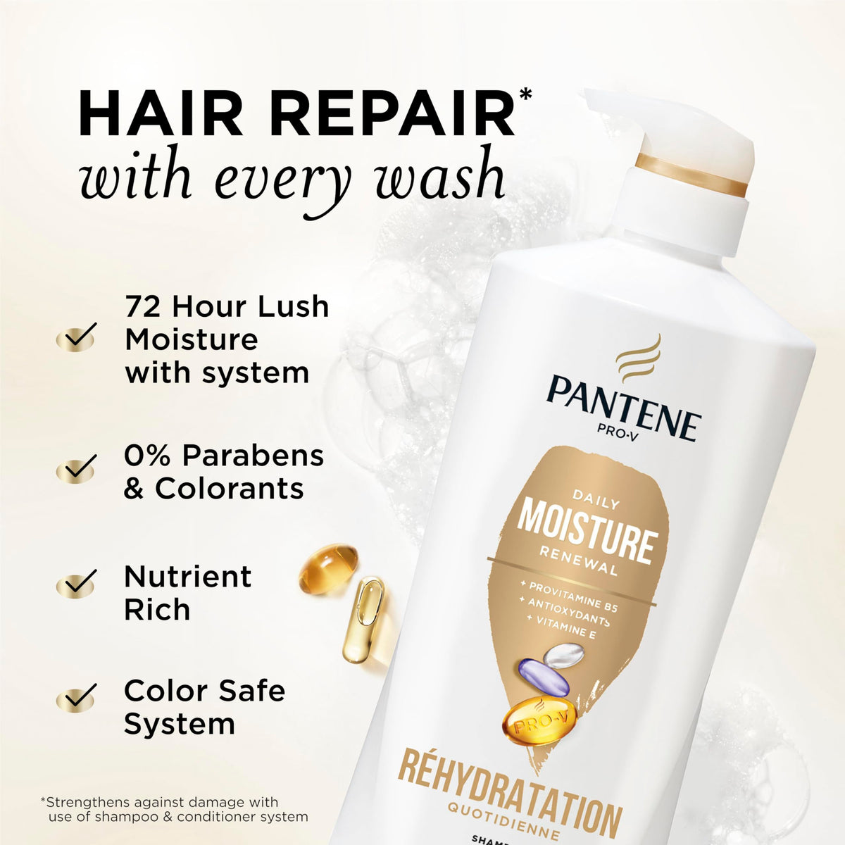 Pantene shampoo bottle side view with label