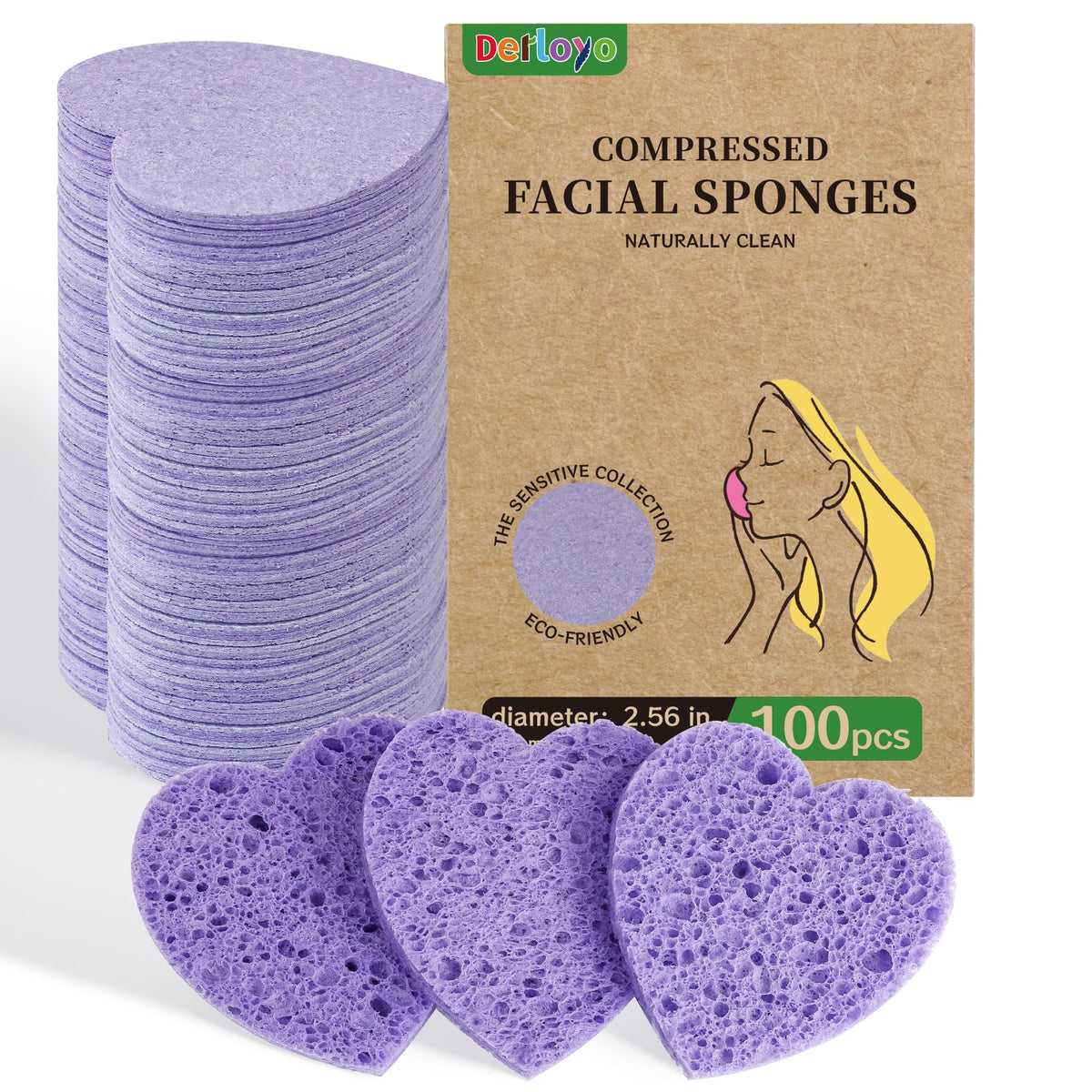 Paquet de 100 éponges visage comprimées en forme de coeur, couleur violette