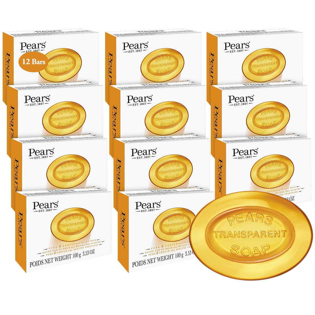 Paquet de 12 savons Pears transparents au parfum d'ambre