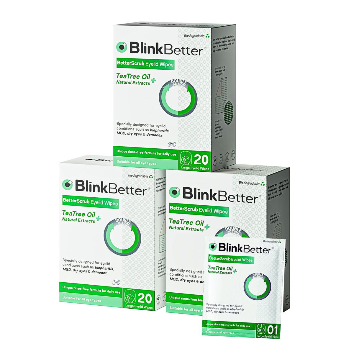 Paquet de 3 lingettes BlinkBetter pour paupières à l'huile d'arbre à thé
