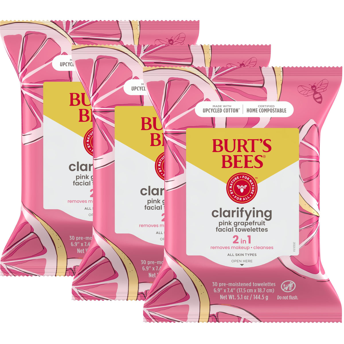 Paquet de lingettes visage Burt's Bees au pamplemousse rose, emballage avant