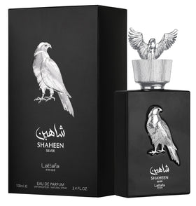Parfum Lattafa Shaheen Silver 100ml sur fond neutre