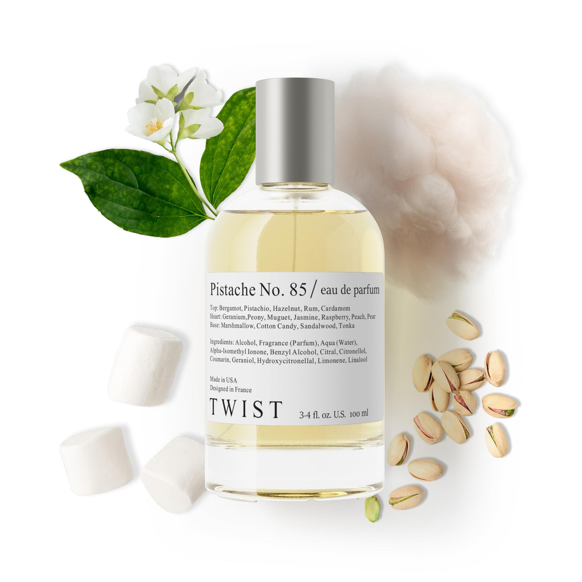 Parfum Pistache No.85 HOUSE OF TWIST vue de face avec emballage