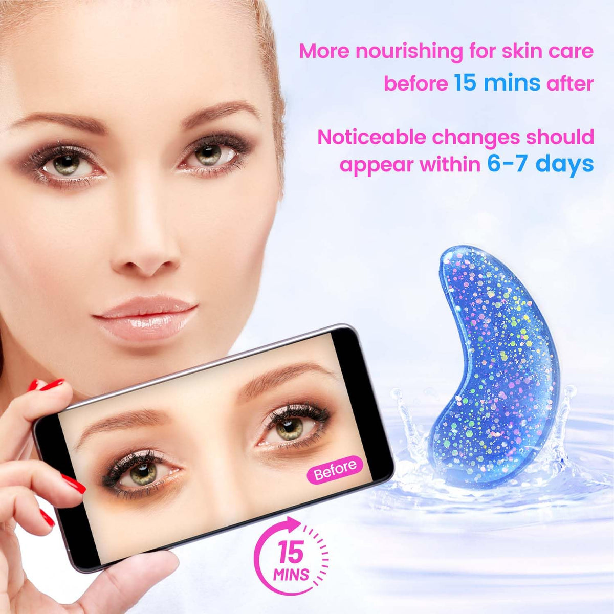 Patchs contour des yeux Onespring, présentation avec accessoires de beauté