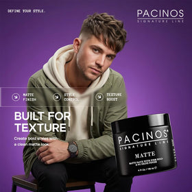 Pâte cheveux mate Pacinos 159g mise en scène avec accessoires de coiffure
