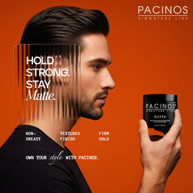 Pâte cheveux mate Pacinos 159g sur table avec autres produits capillaires