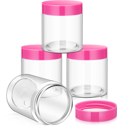Patelai pots en plastique rose avec couvercles à vis, vue de face