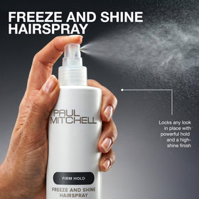 Paul Mitchell Freeze and Shine Laque sur une coiffeuse avec accessoires