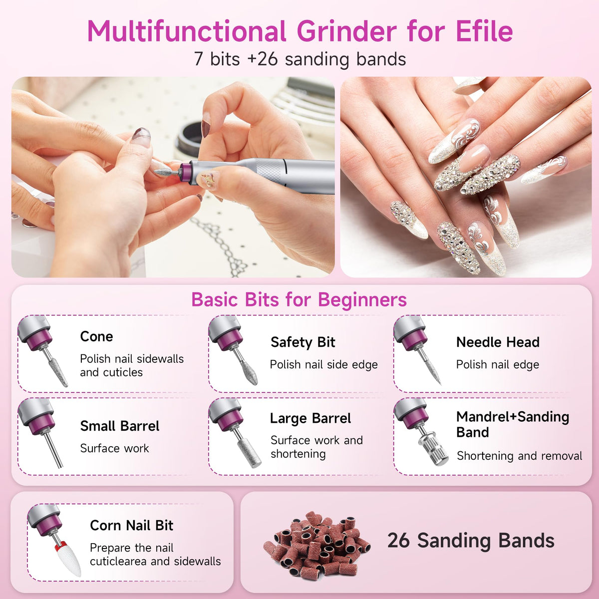 Perceuse à ongles Halmai avec différentes mèches en arrière-plan