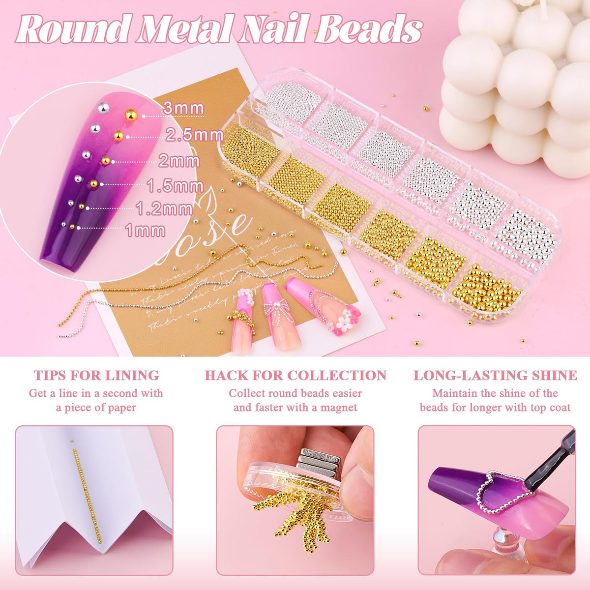 Perles à ongles métalliques BELLEBOOST de différentes tailles allant de 1 à 3 mm