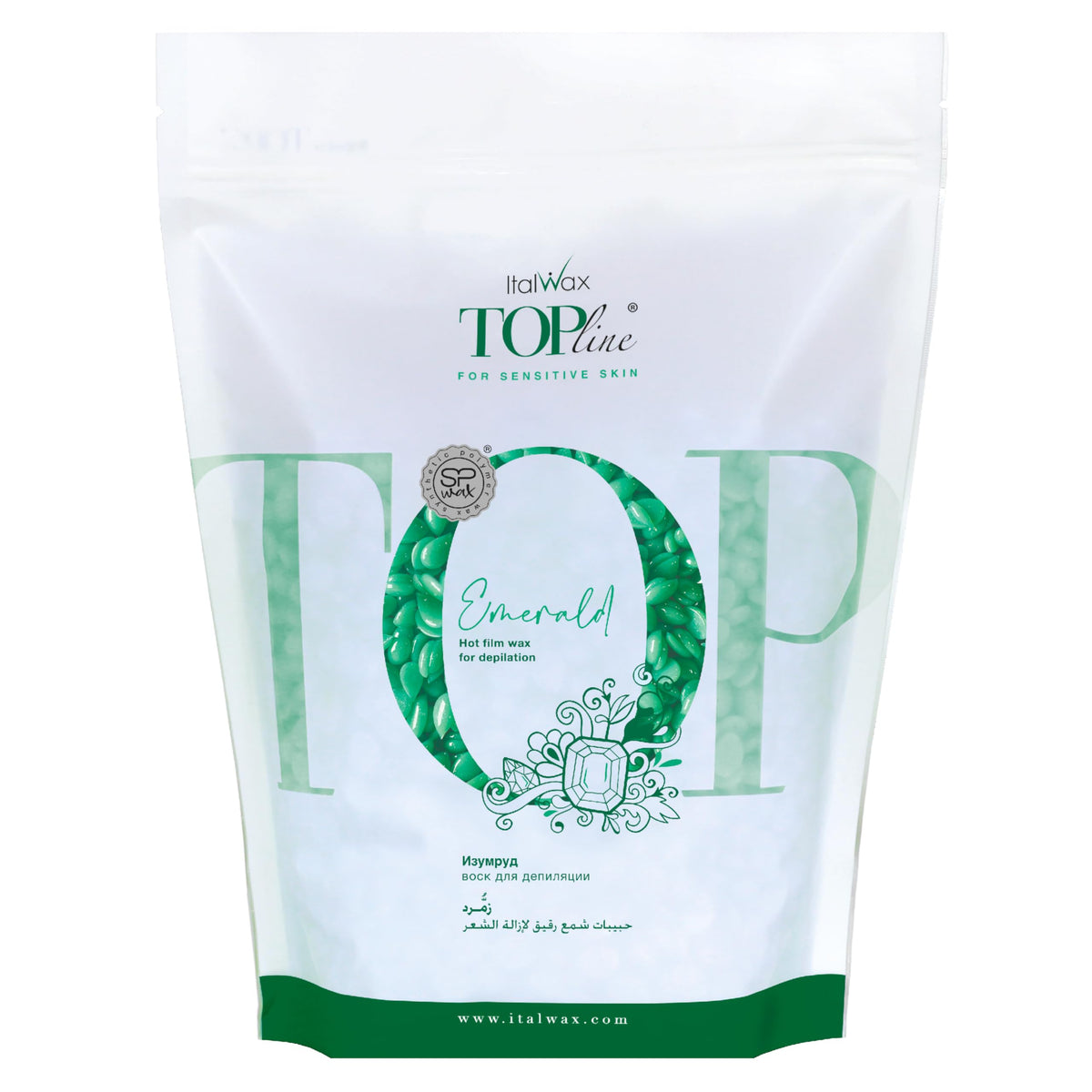 Perles de cire Italwax verte en vue de face dans le paquet