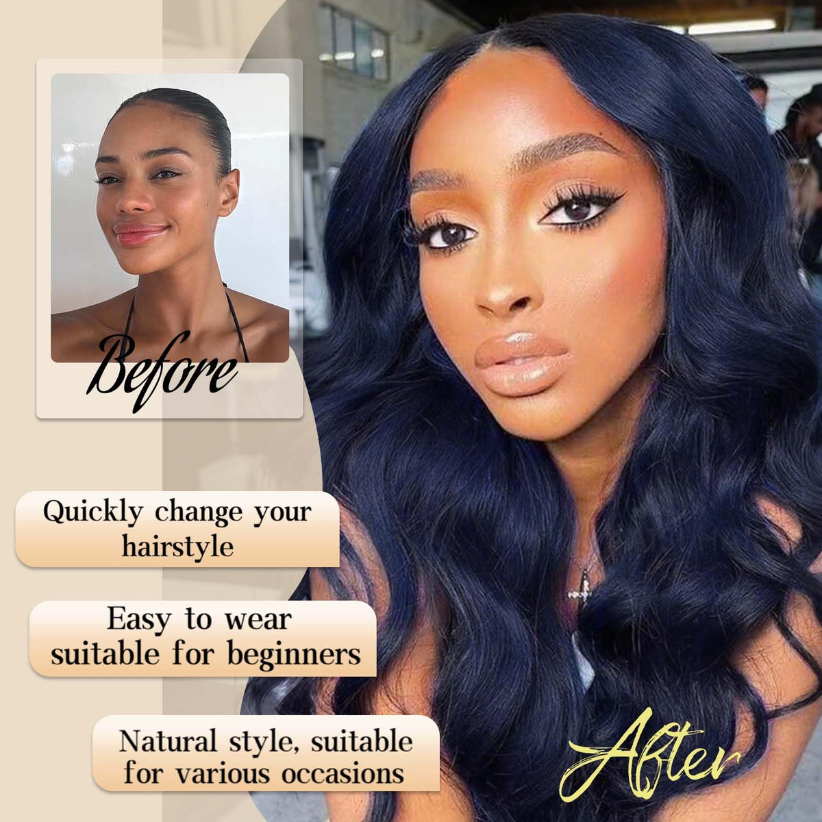 Perruque AISI HAIR bleue foncée portée lors d'un événement