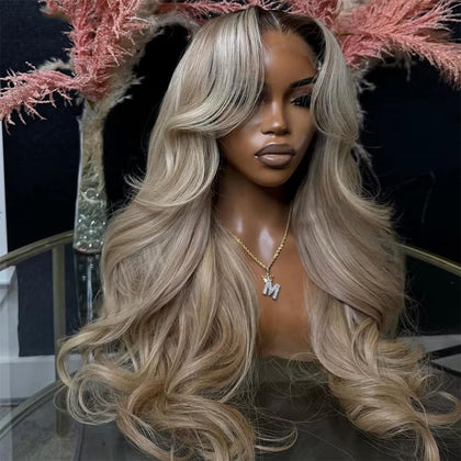 Perruque Ash Blonde Ombre CIYOO vue de face avec racines brunes