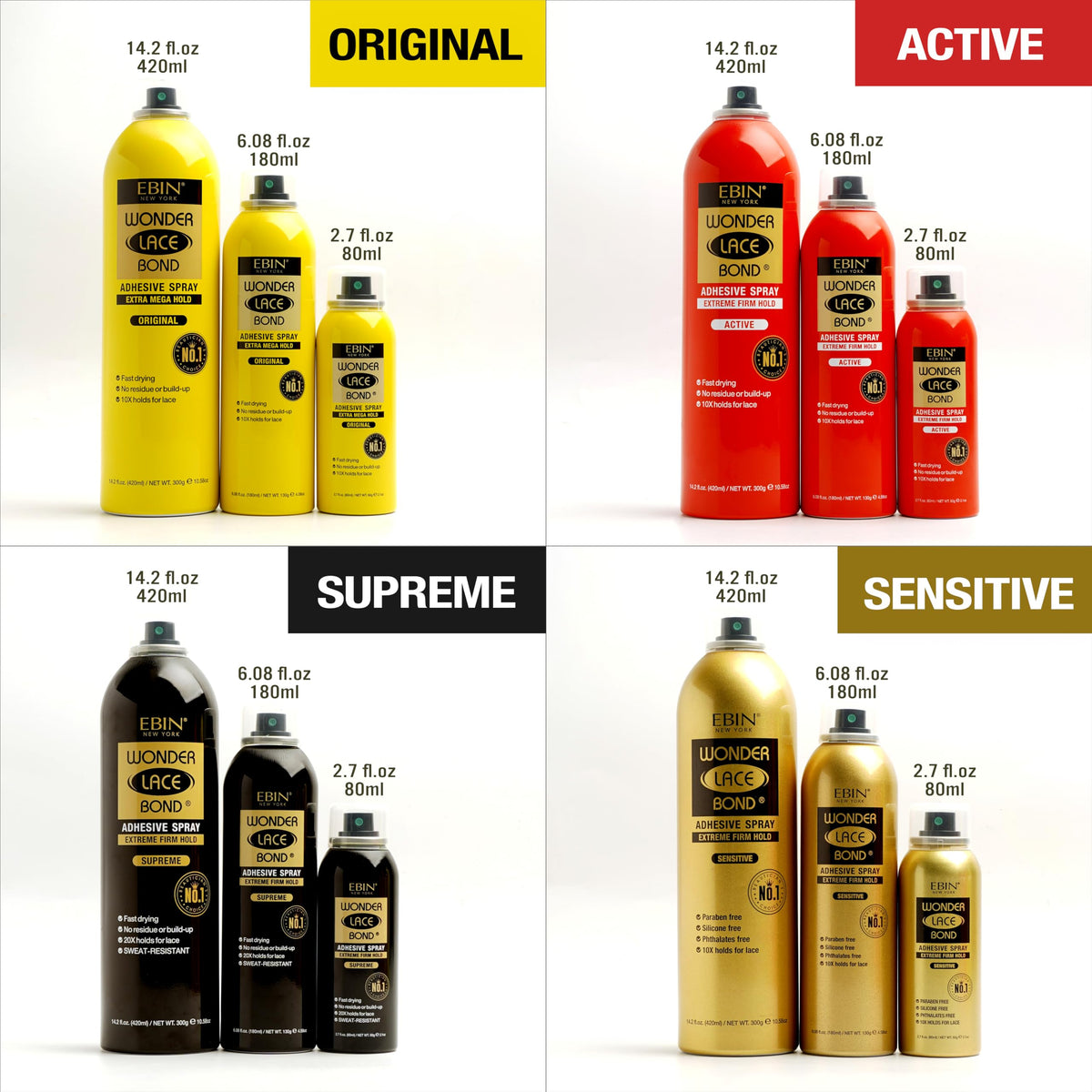 Perruque avant et après application du spray adhésif EBIN NEW YORK