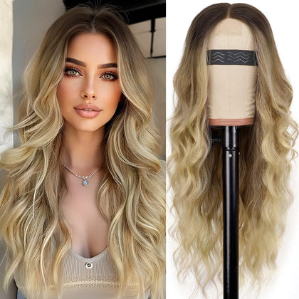 Perruque blonde ondulée AISI HAIR vue avant avec cheveux longs